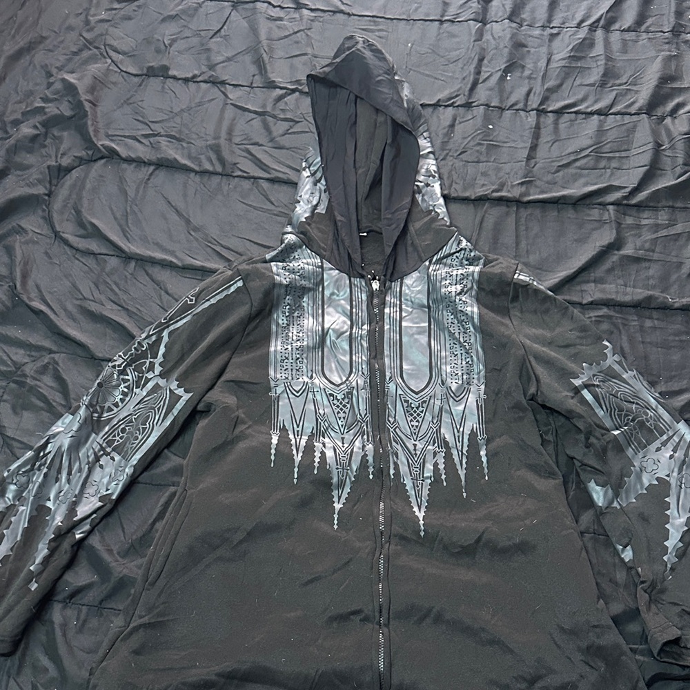Patterned Black and Gray Hooded Jacket
